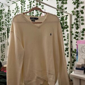 Polo by Ralph Lauren Cream/Blue Pony V-Neck Knit Sweater
